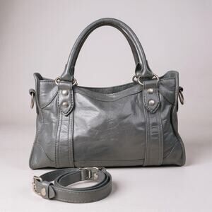 Frye Leather Satchel Shoulder Bag Gray Purse Tote Handbag Med Crossbody Silver